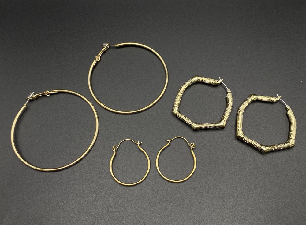 Lot of 3 Gold-Tone Classic Round Hoop Earrings French Lock Hinged Lock Bundle
